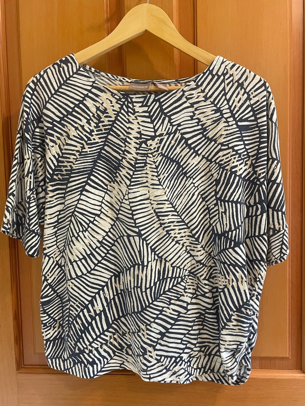 Chico's Boatneck Navy and Cream Short Sleeve Top